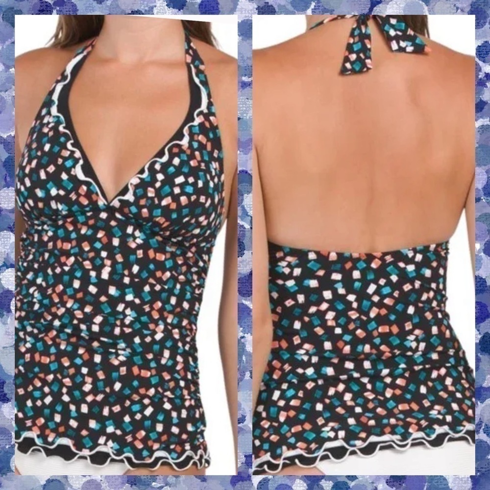 PROFILE BY GOTTEX Gin Fizz Swimsuit Halter Tankini Top 6 Black Multi Tie Neck